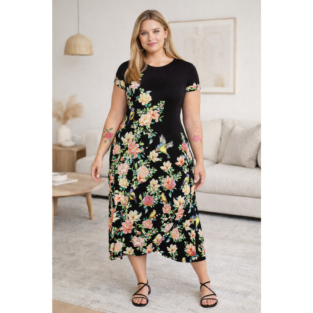 Johnny Was Janie Favorite Birdie Cap Sleeve Midi Dress 2X Feminine Boho Party